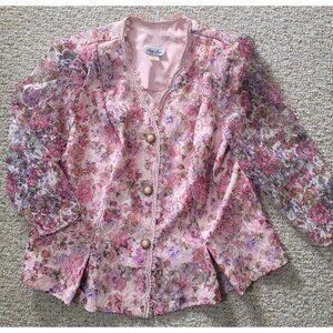 Vintage Risa Ann Pink Floral Lace Blazer Size XL 18WP Brocade Victorian Coquette